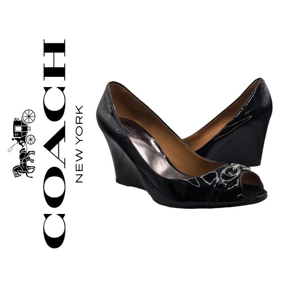 COACH ELORA Black Patent leather open toe wedge heels! Size 8.5! - Picture 1 of 6